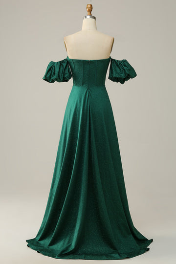 A Line Off the Shoulder Dark Green Long Ball Dress